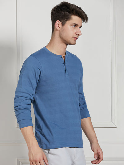Dennis Lingo Men Mid Blue Cotton Regular Fit Textured Henley Neck T-Shirt