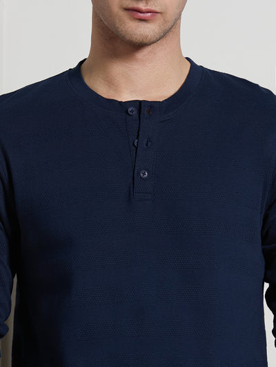 Dennis Lingo Men Navy Cotton Regular Fit Textured Henley Neck T-Shirt