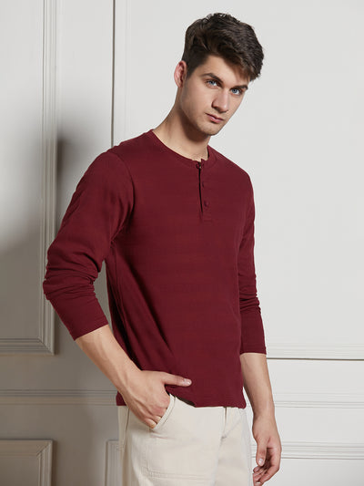 Men's Wine Cotton Regular Fit Textured Henley Neck T-Shirt