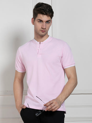 Men's Pink Round Neck Solid Regular Fit T-Shirt