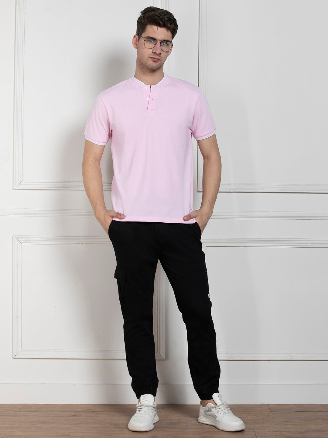 Men's Pink Round Neck Solid Regular Fit T-Shirt