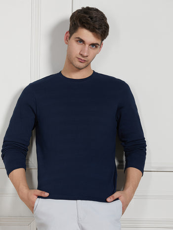 Men's Navy Cotton Regular Fit Textured Round Neck T-Shirt