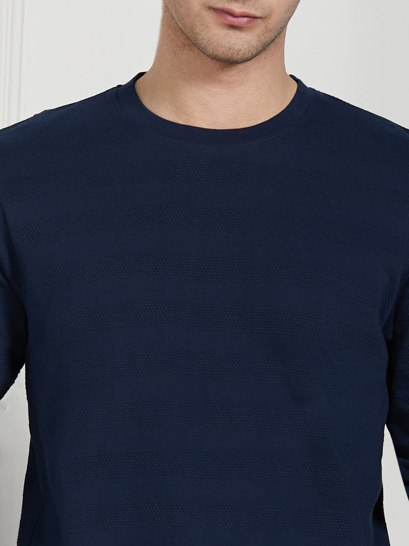 Dennis Lingo Men Navy Cotton Regular Fit Textured Round Neck T-Shirt