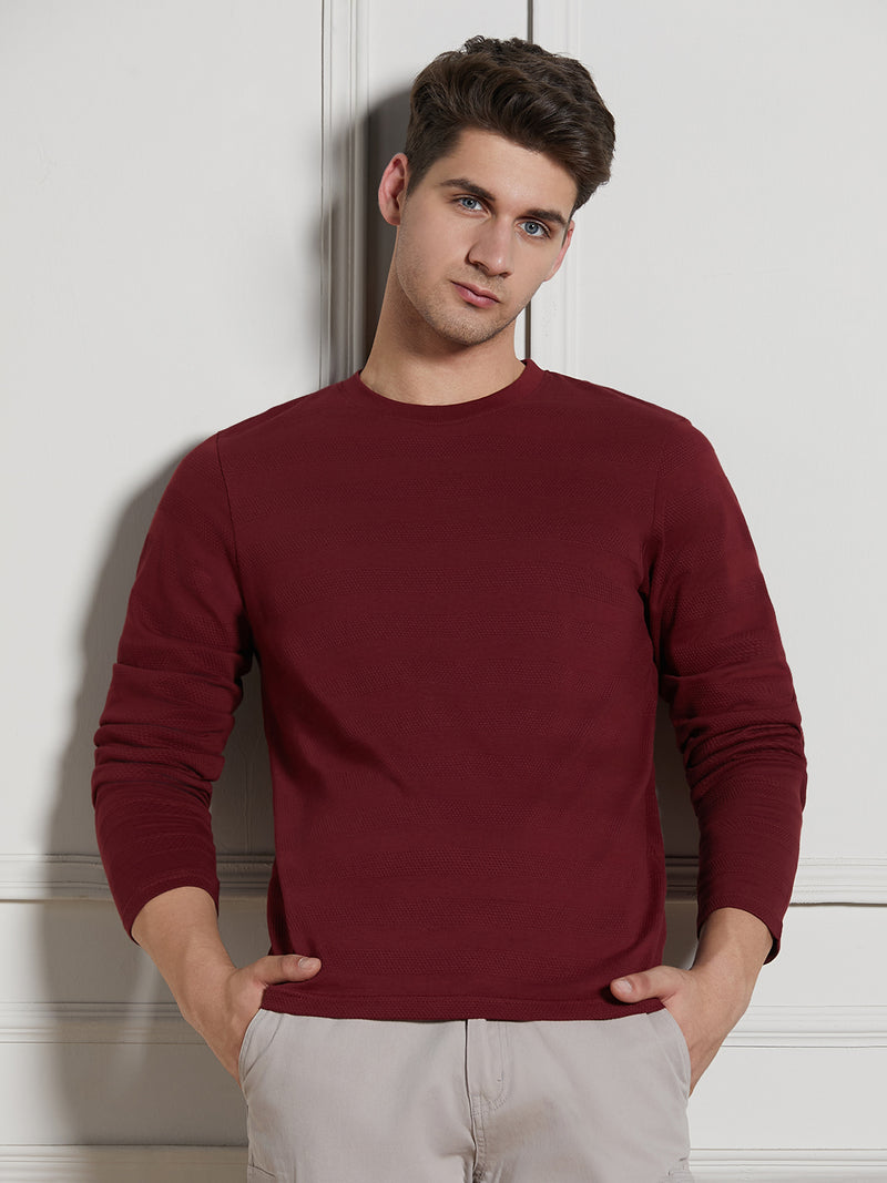 Men's Wine Cotton Regular Fit Textured Round Neck T-Shirt