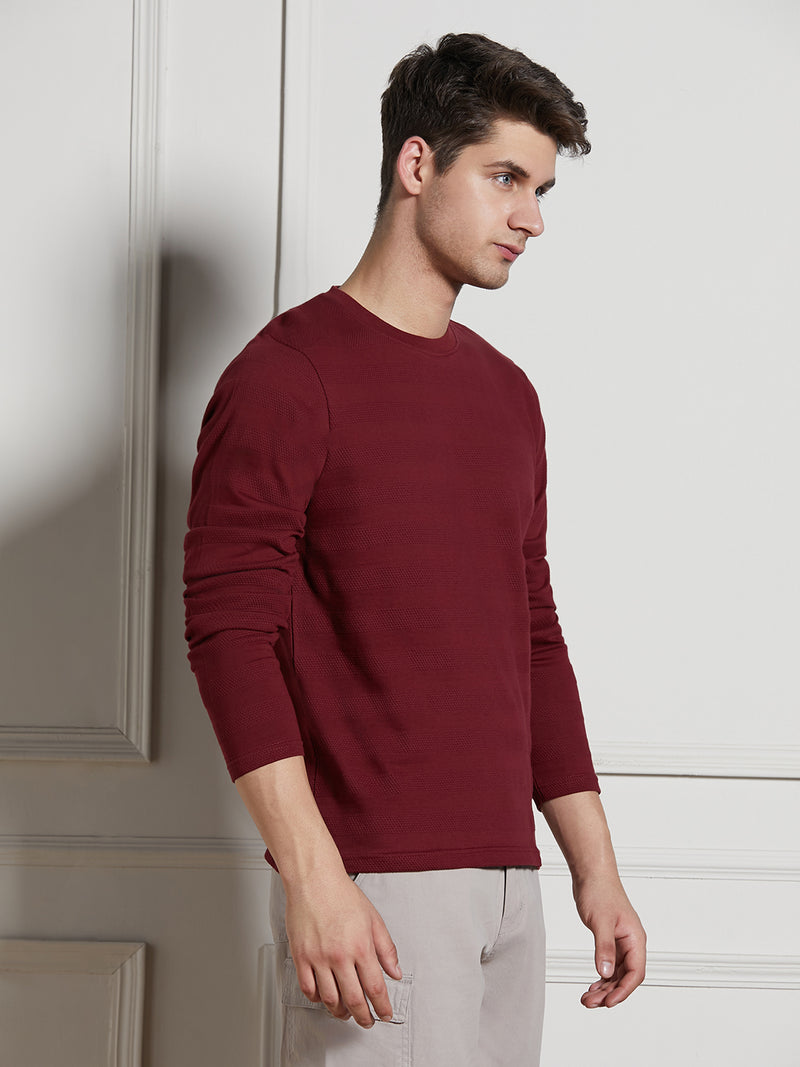 Dennis Lingo Men Wine Cotton Regular Fit Textured Round Neck T-Shirt