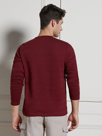 Men's Wine Cotton Regular Fit Textured Round Neck T-Shirt