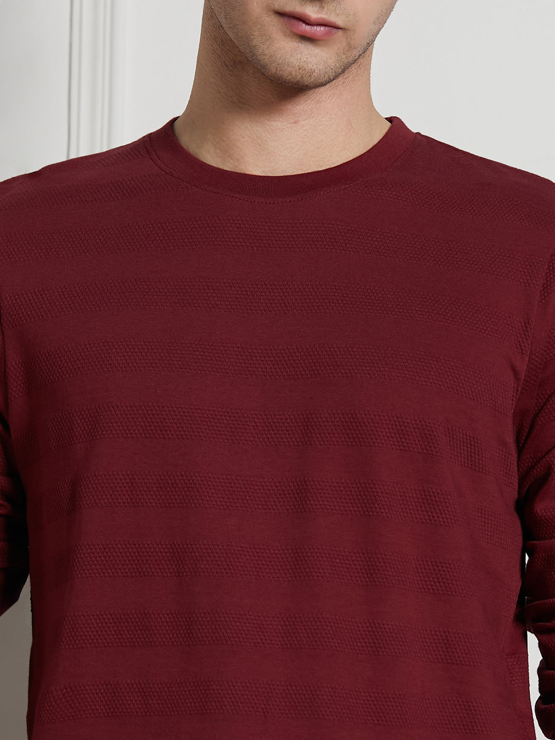 Dennis Lingo Men Wine Cotton Regular Fit Textured Round Neck T-Shirt