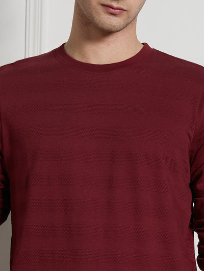 Men's Wine Cotton Regular Fit Textured Round Neck T-Shirt