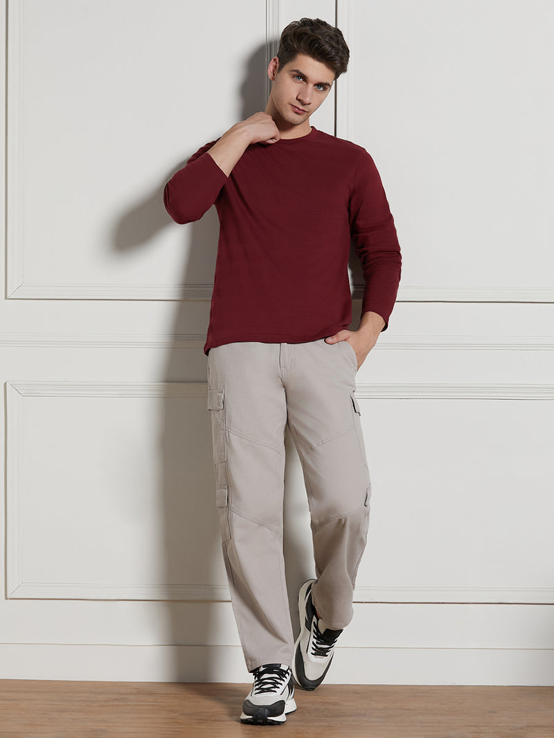 Men's Wine Cotton Regular Fit Textured Round Neck T-Shirt