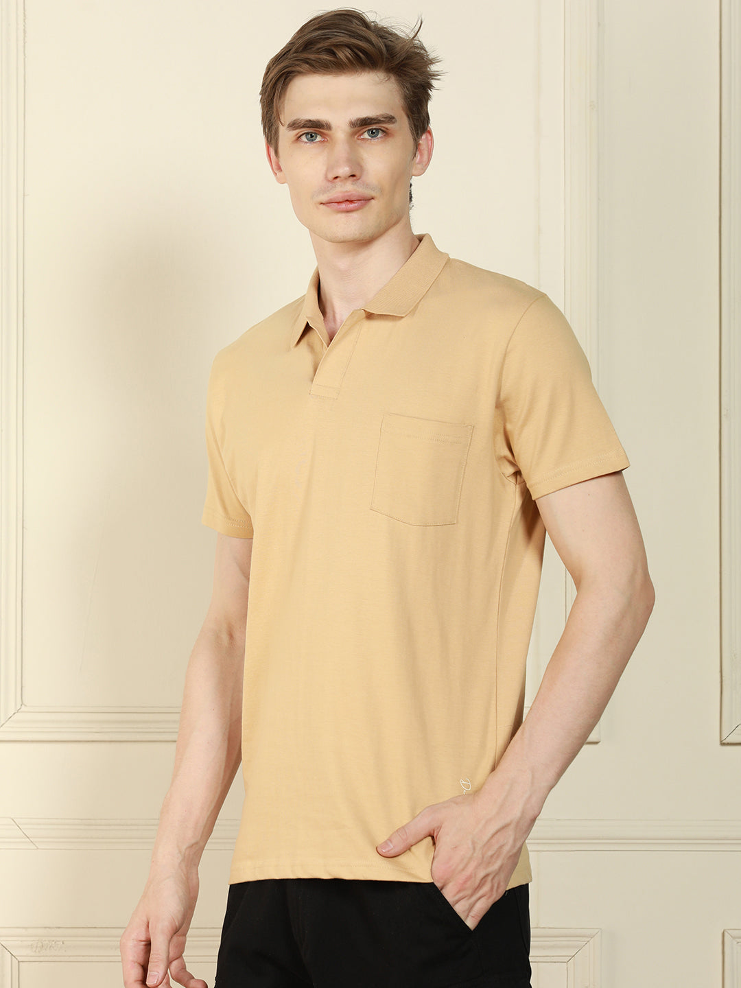 Dennis Lingo Men's Cream Polo Collar Solid Cotton T-Shirt