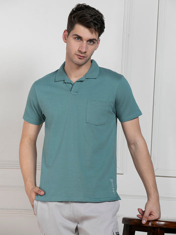 Men's Green Polo Collar Solid Regular Fit T-Shirt