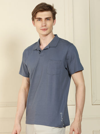 Men's Grey Polo Collar Solid Cotton T-Shirt