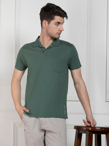 Men's Olive Polo Collar Solid Regular Fit T-Shirt