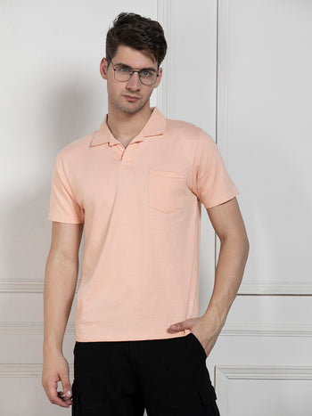 Men's Peach Polo Collar Solid Regular Fit T-Shirt