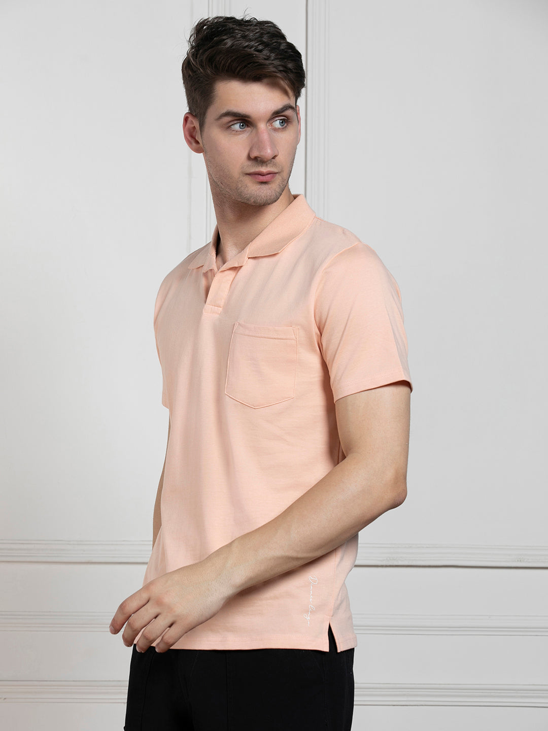 Men's Peach Polo Collar Solid Regular Fit T-Shirt