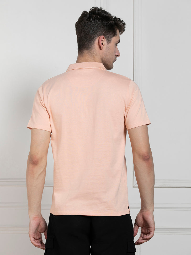 Men's Peach Polo Collar Solid Regular Fit T-Shirt