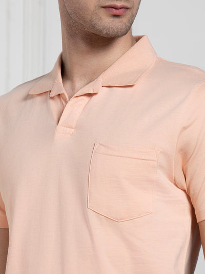 Men's Peach Polo Collar Solid Regular Fit T-Shirt