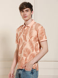 Men's Peach Printed Polo Collar Half Sleeves T-shirt