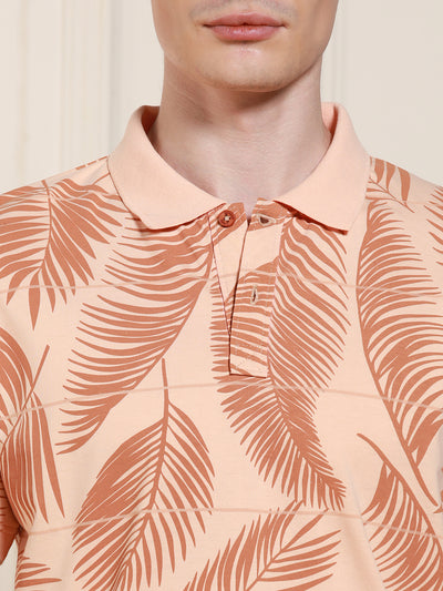 Men's Peach Printed Polo Collar Half Sleeves T-shirt