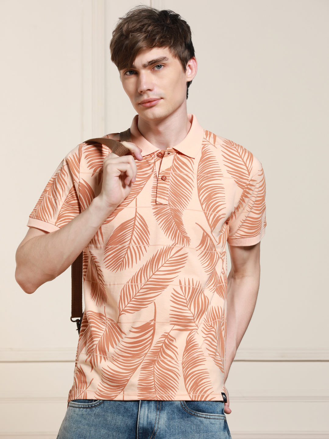 Men's Peach Printed Polo Collar Half Sleeves T-shirt