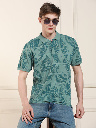 Men's Sage green Printed Polo Collar Half Sleeves T-shirt