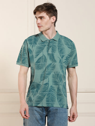 Men's Sage green Printed Polo Collar Half Sleeves T-shirt