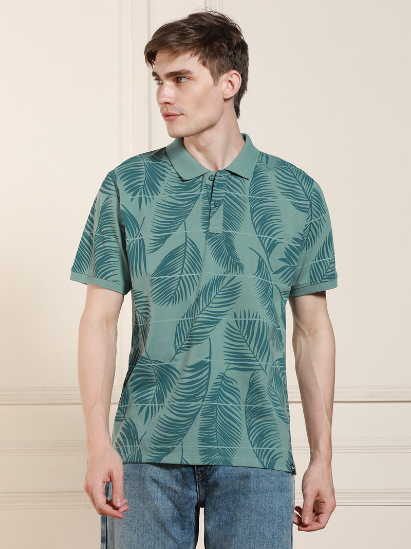 Men's Sage green Printed Polo Collar Half Sleeves T-shirt