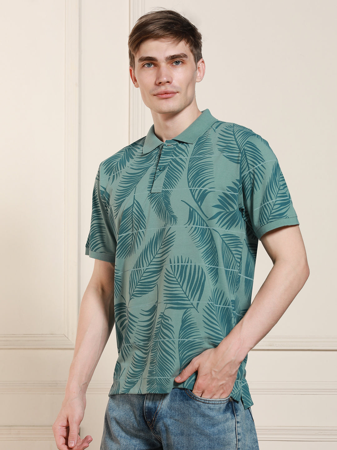 Men's Sage green Printed Polo Collar Half Sleeves T-shirt