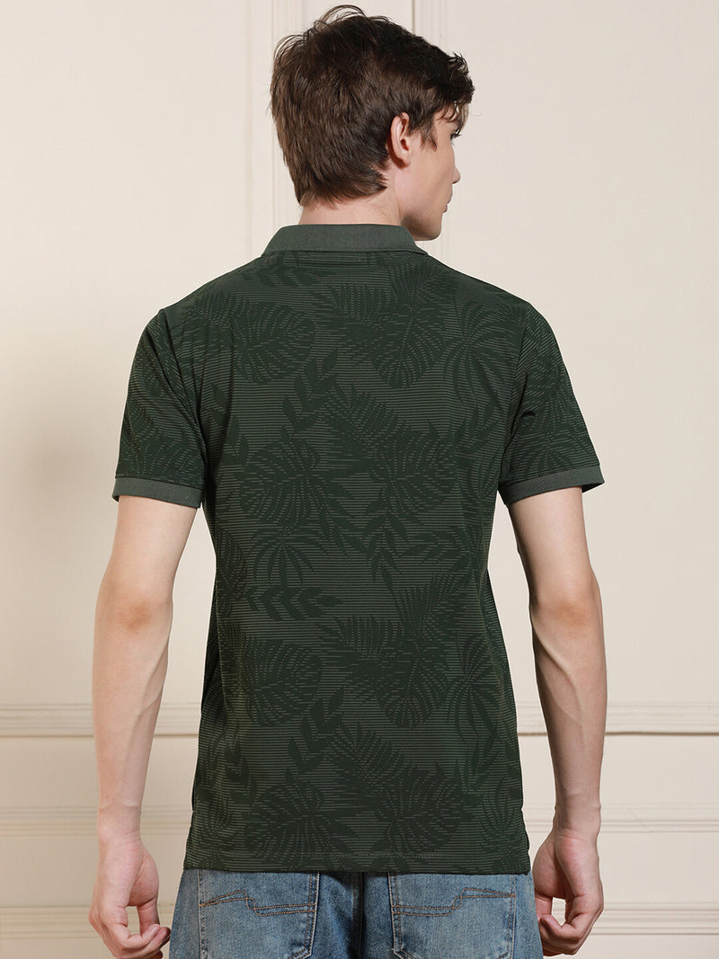 Men's Green Printed  Polo Collar Half Sleeves Casual T-Shirt