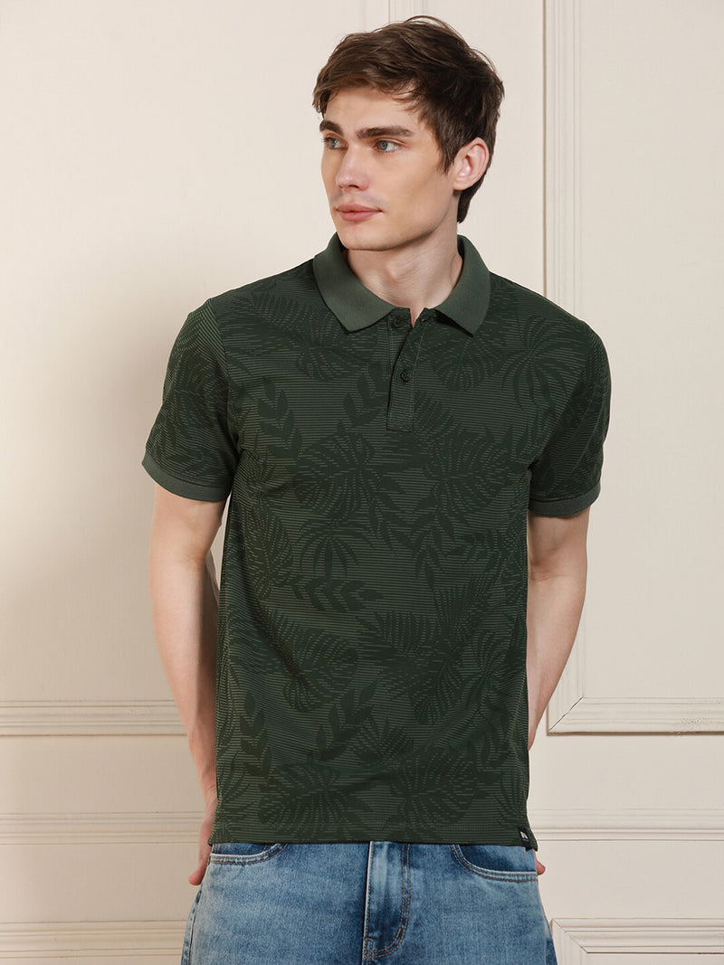 Men's Green Printed  Polo Collar Half Sleeves Casual T-Shirt