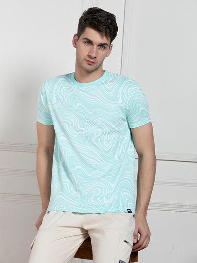 Men's Light Blue Round Neck Printed Regular Fit T-Shirt