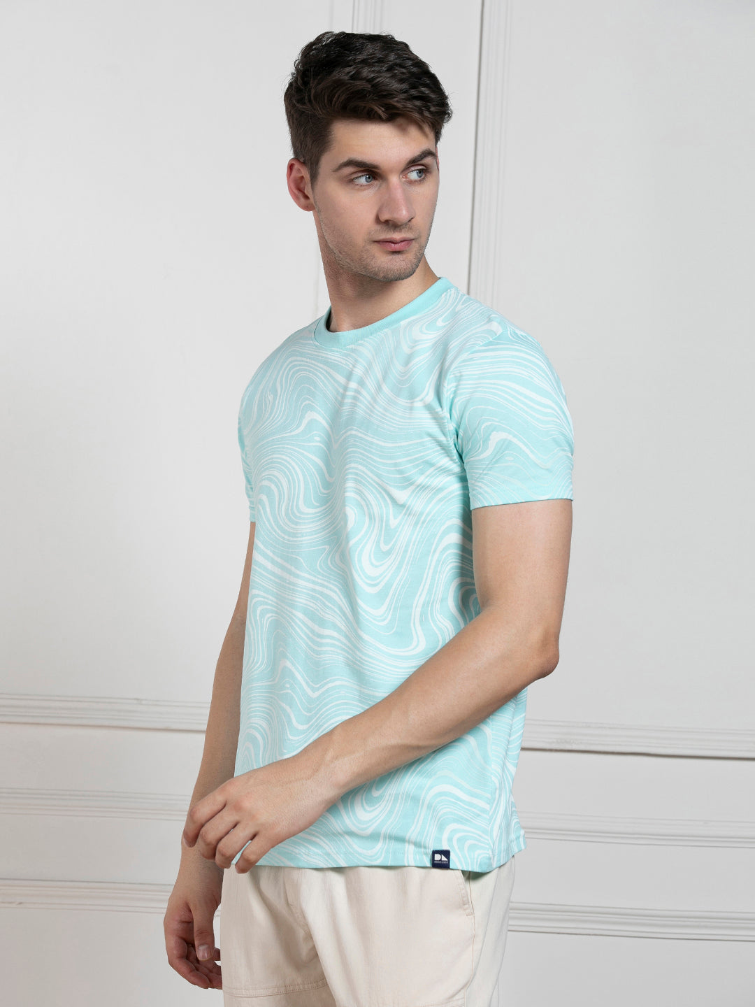 Men's Light Blue Round Neck Printed Regular Fit T-Shirt