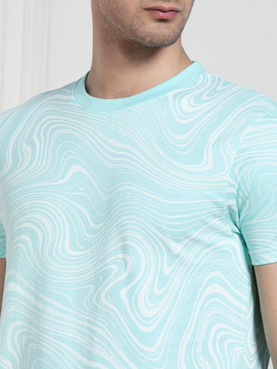 Men's Light Blue Round Neck Printed Regular Fit T-Shirt