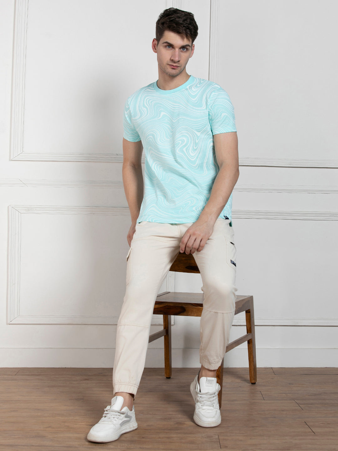 Men's Light Blue Round Neck Printed Regular Fit T-Shirt