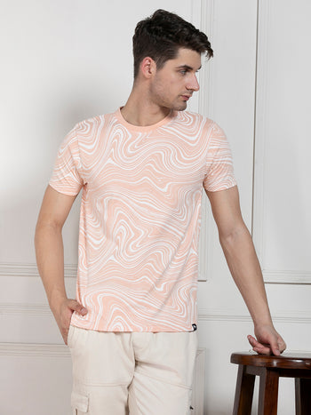 Men's Peach Round Neck Printed Regular Fit T-Shirt