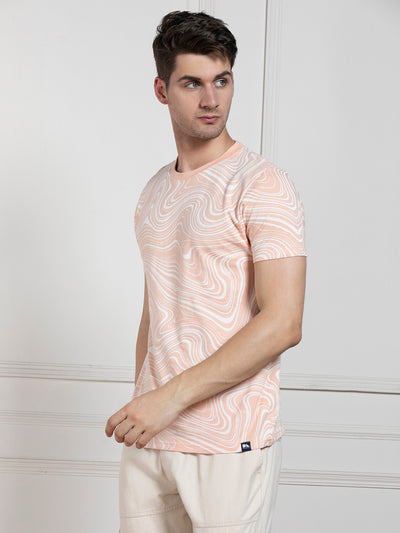 Men's Peach Round Neck Printed Regular Fit T-Shirt