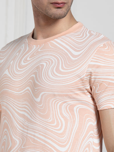 Men's Peach Round Neck Printed Regular Fit T-Shirt