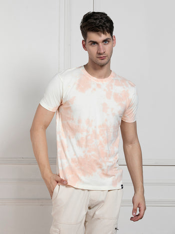 Men's Peach Round Neck Dyed Regular Fit T-Shirt