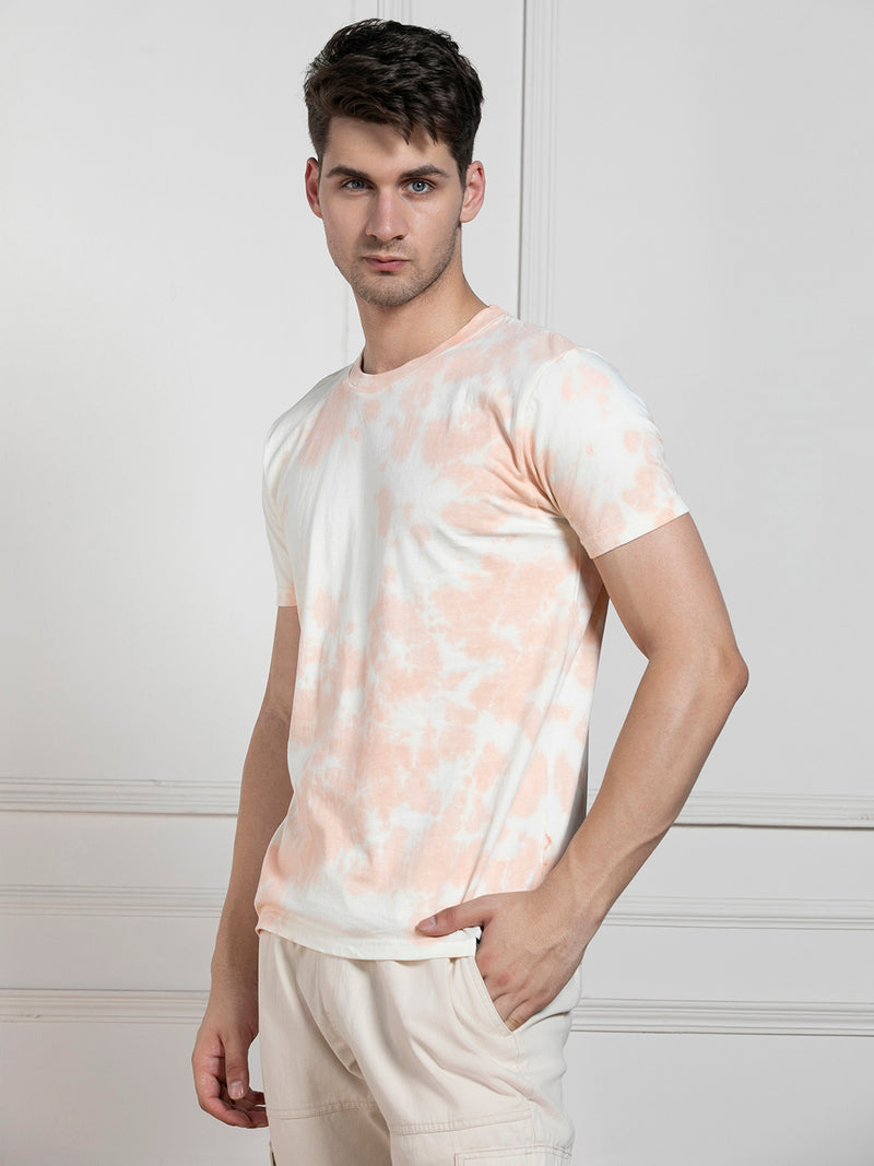 Men's Peach Round Neck Dyed Regular Fit T-Shirt