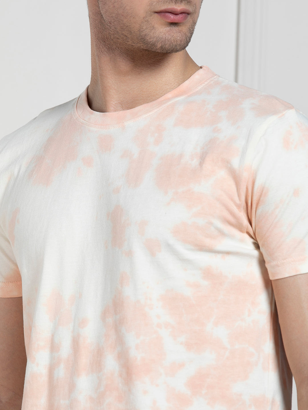 Men's Peach Round Neck Dyed Regular Fit T-Shirt