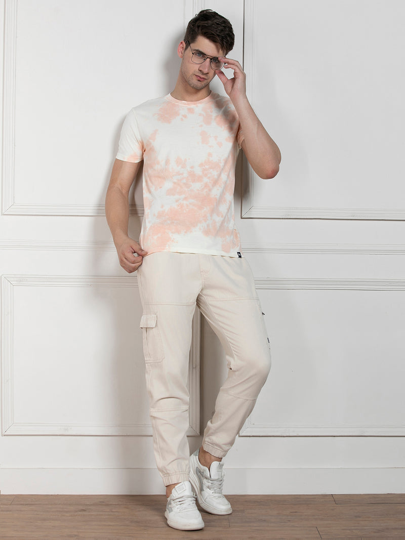 Men's Peach Round Neck Dyed Regular Fit T-Shirt