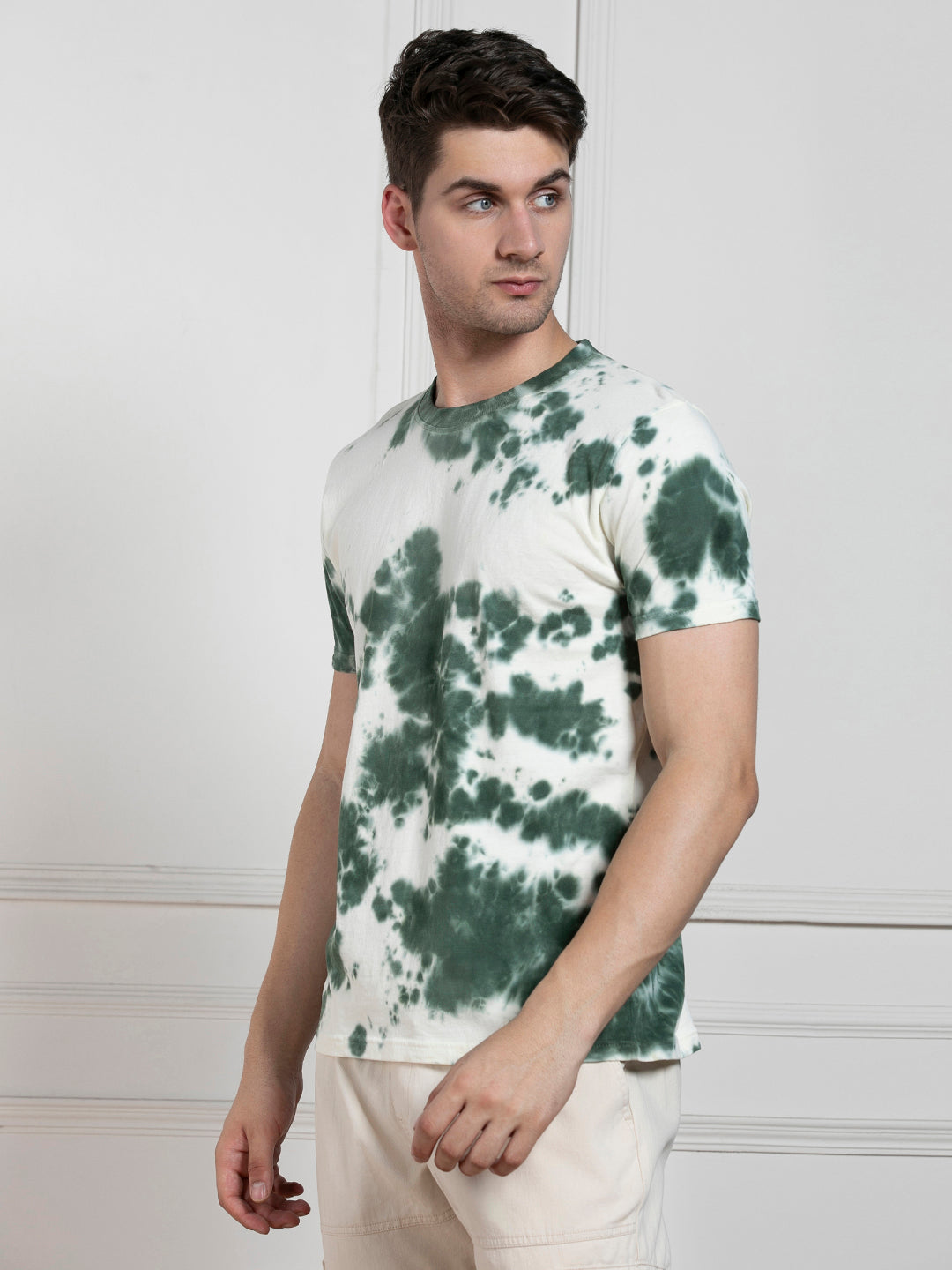 Men's Olive Round Neck Dyed Regular Fit T-Shirt