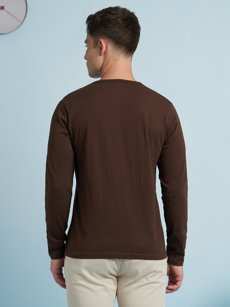 Men Brown Solid Round Neck Half Sleeves Regular Fit T-Shirt