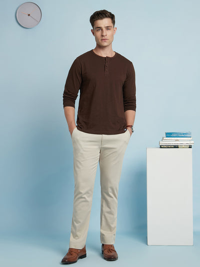 Men Brown Solid Round Neck Half Sleeves Regular Fit T-Shirt