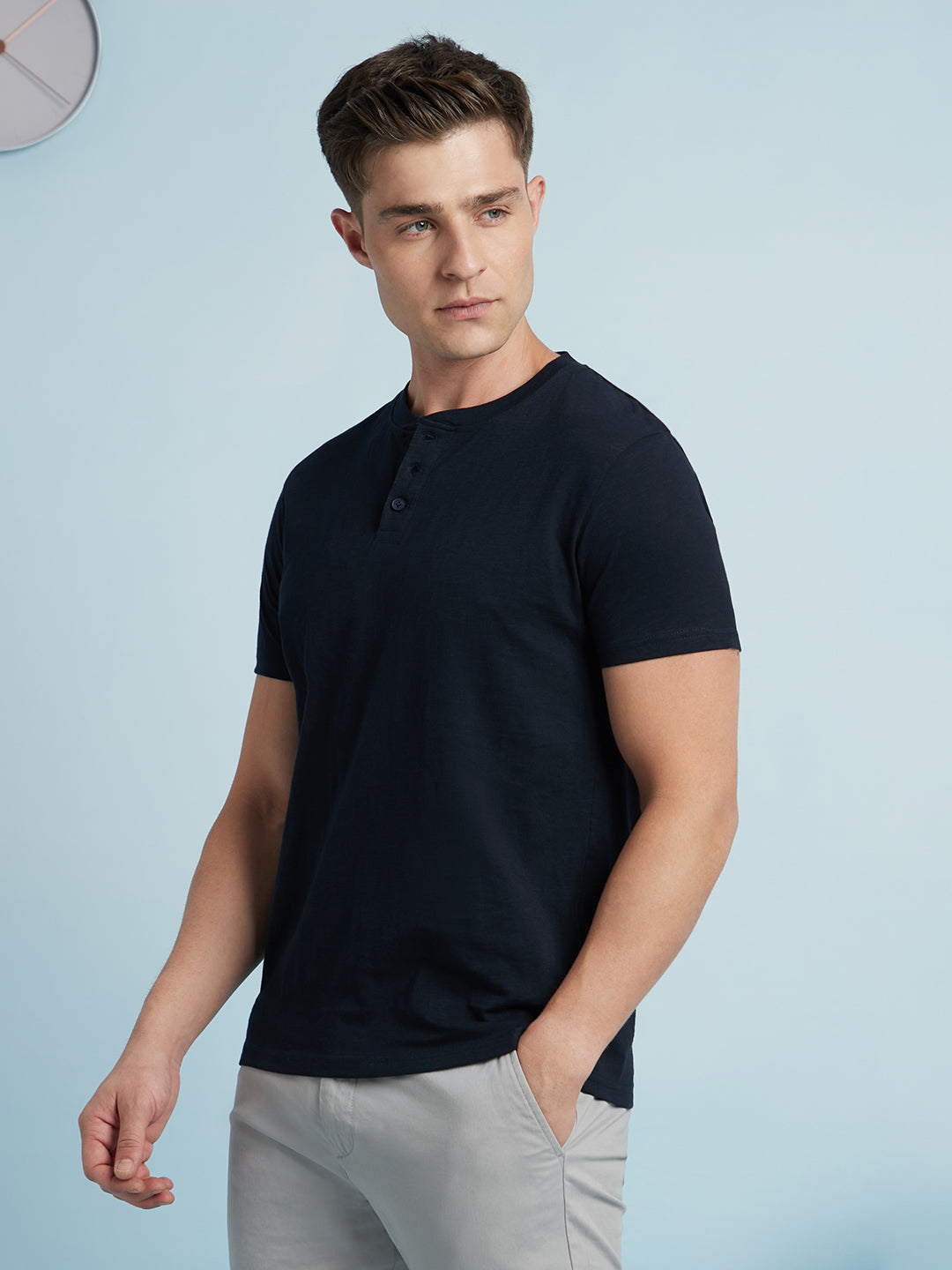 Men Navy Blue Solid Round Neck Half Sleeves Regular Fit T-Shirt