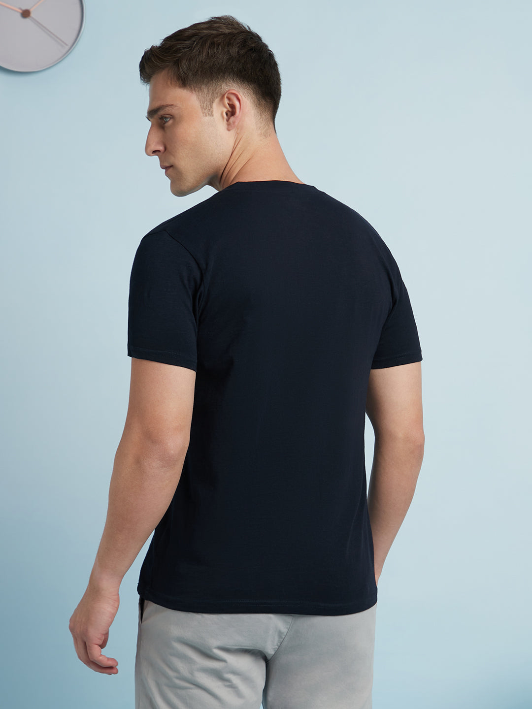 Men Navy Blue Solid Round Neck Half Sleeves Regular Fit T-Shirt