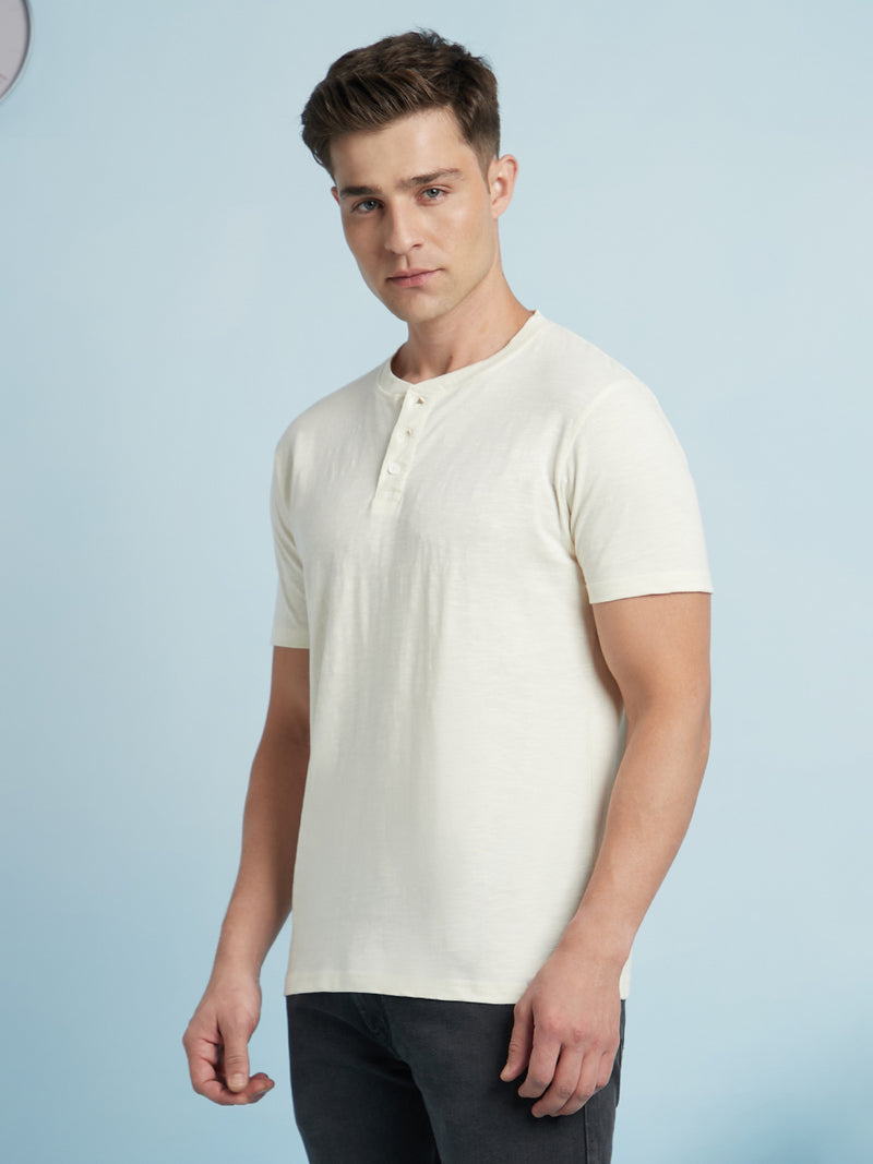 Men Off White Solid Round Neck Half Sleeves Regular Fit T-Shirt