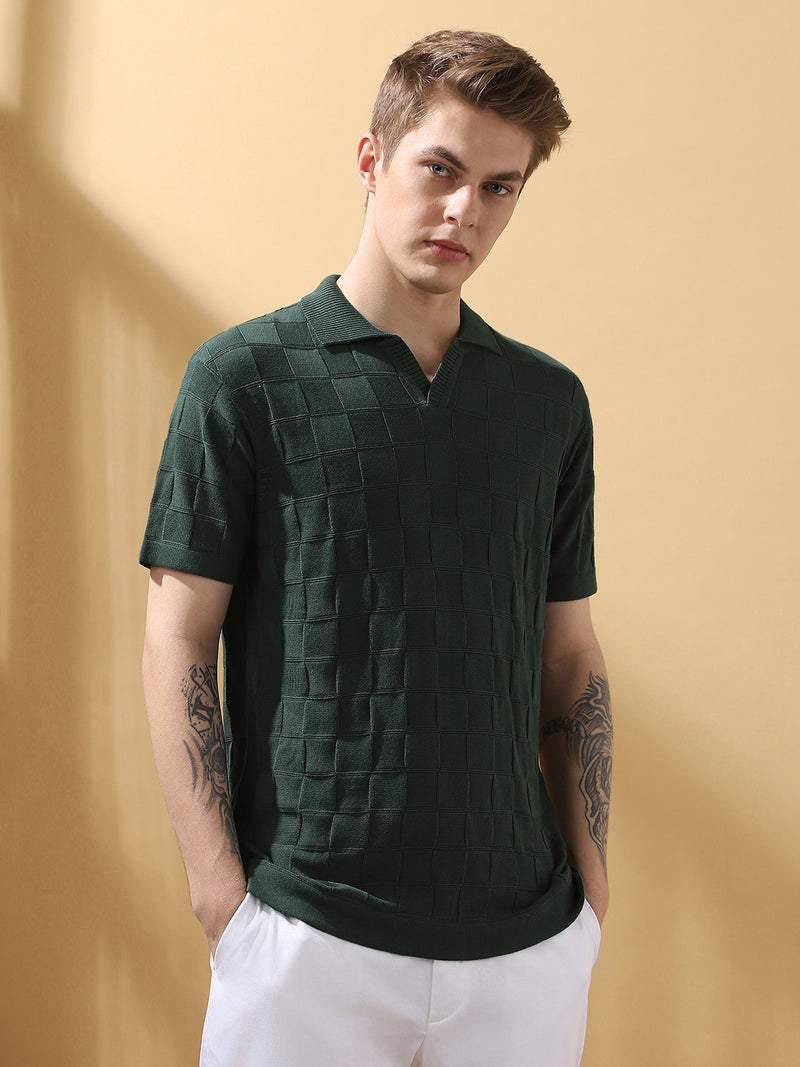 Men's Green Solid Textured Spread Collar Half Sleeves T-shirt