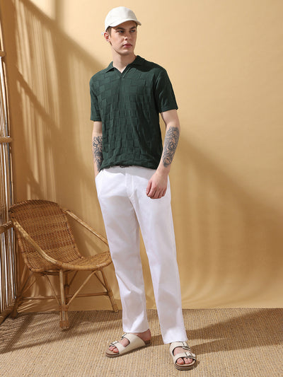 Men's Green Solid Textured Spread Collar Half Sleeves T-shirt