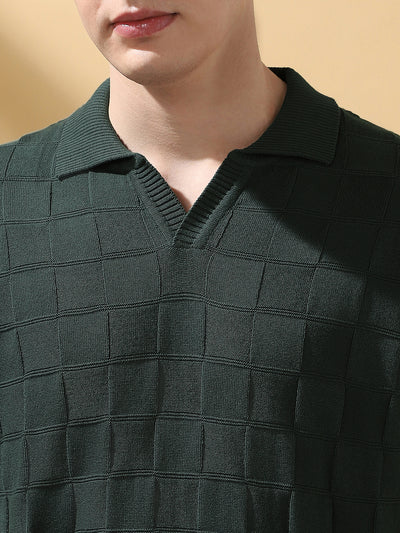 Men's Green Solid Textured Spread Collar Half Sleeves T-shirt